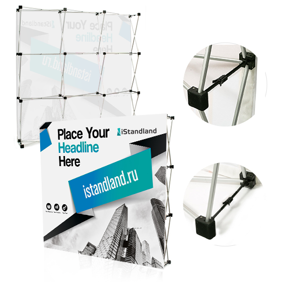 Поп ап (Pop Up) Velcro istandland − мобильный стенд бизнес-класса. Полноцветное изображение на износостойкой ткани, монтируется с помощью велкроленты - "липучки", на алюминиевую конструкцию